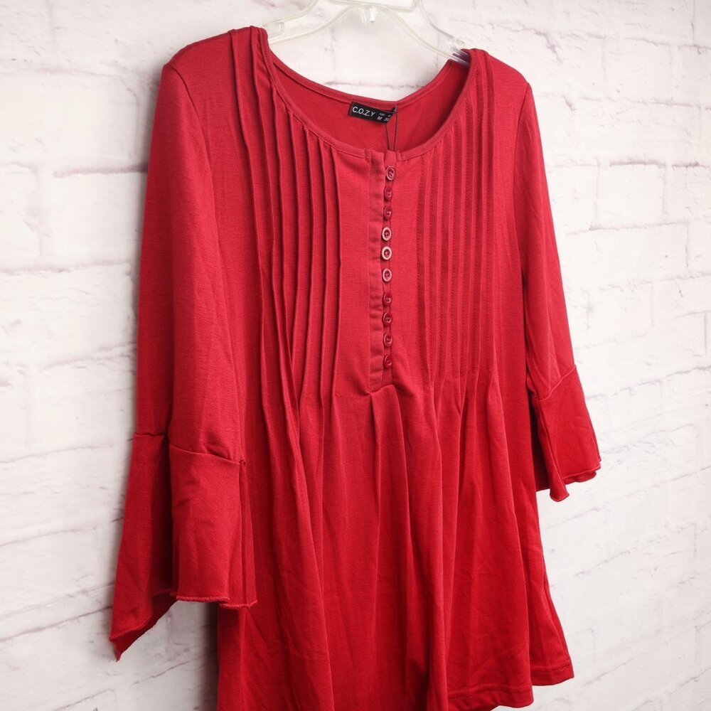 Cozy Casual Button Front Blouse Top 3/4 Flared Sleeves Size M Red Pleated